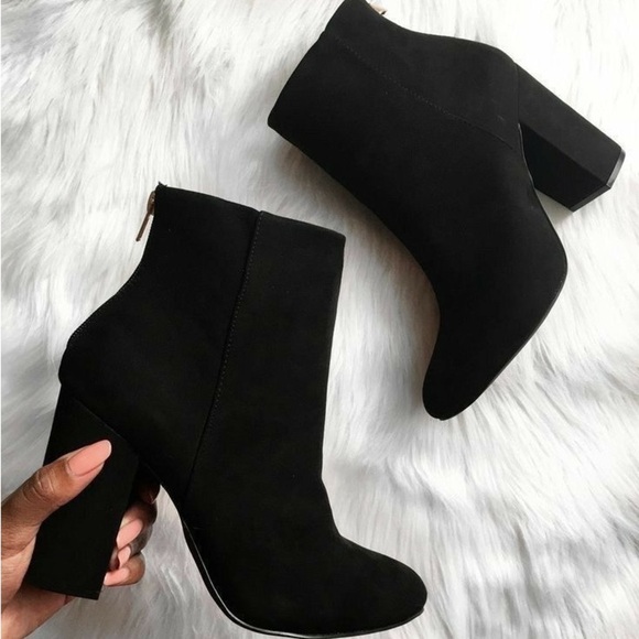 Elvia Classic Black Suede Heeled Boots - Picture 2 of 9